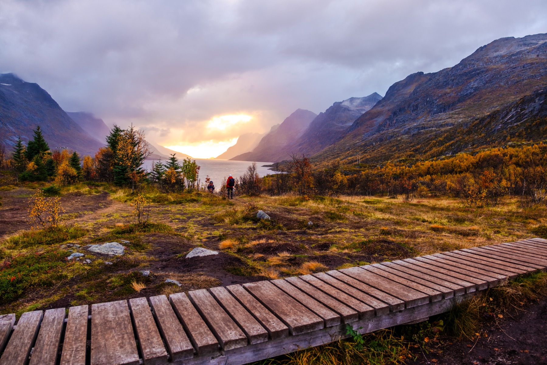 A boardwalk leading towards the fjord at sunset
