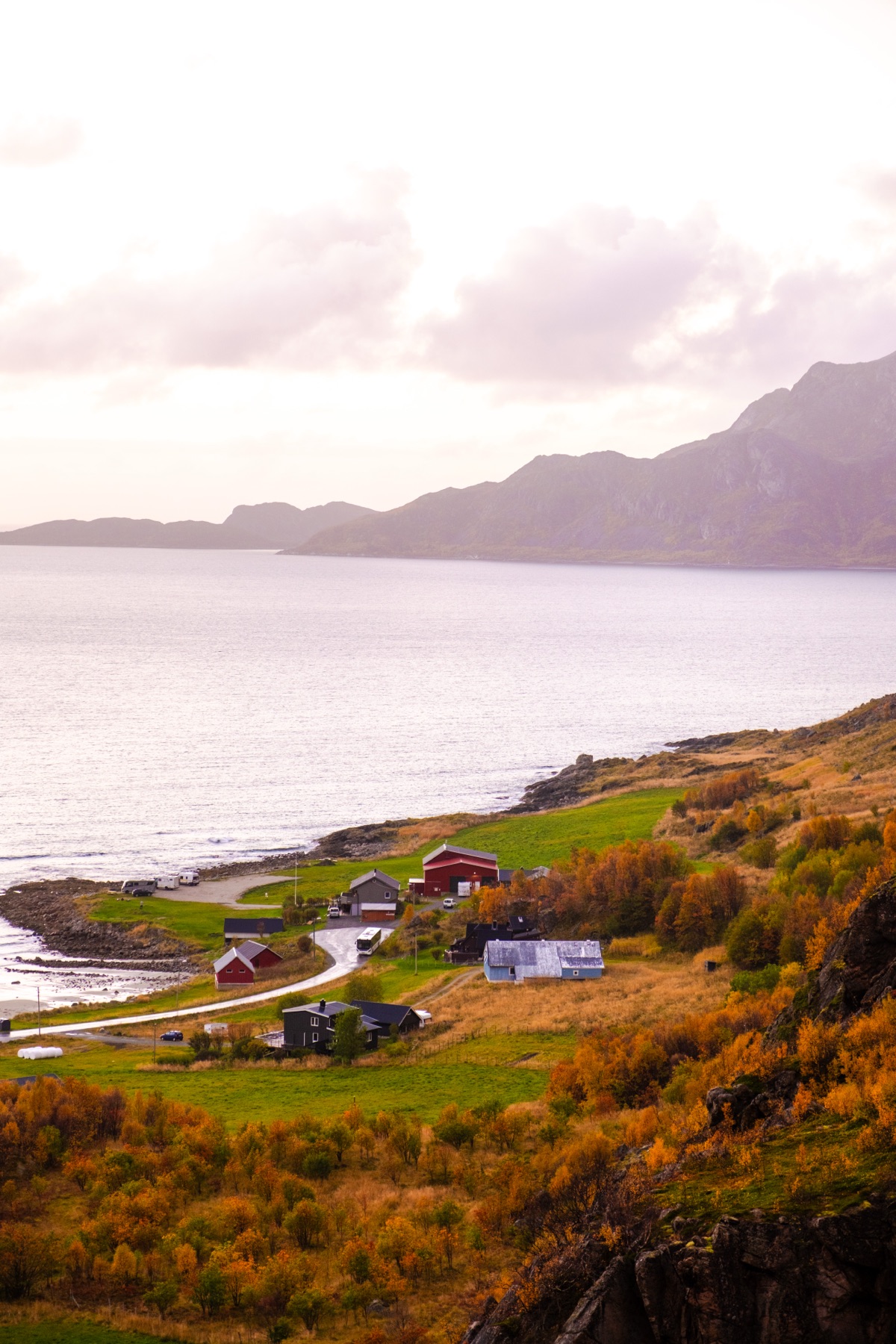 The road along the coast of Kvaløya, seen from above